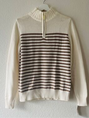Karen Scott Cream Half-Zip Sweater with Brown Stripes